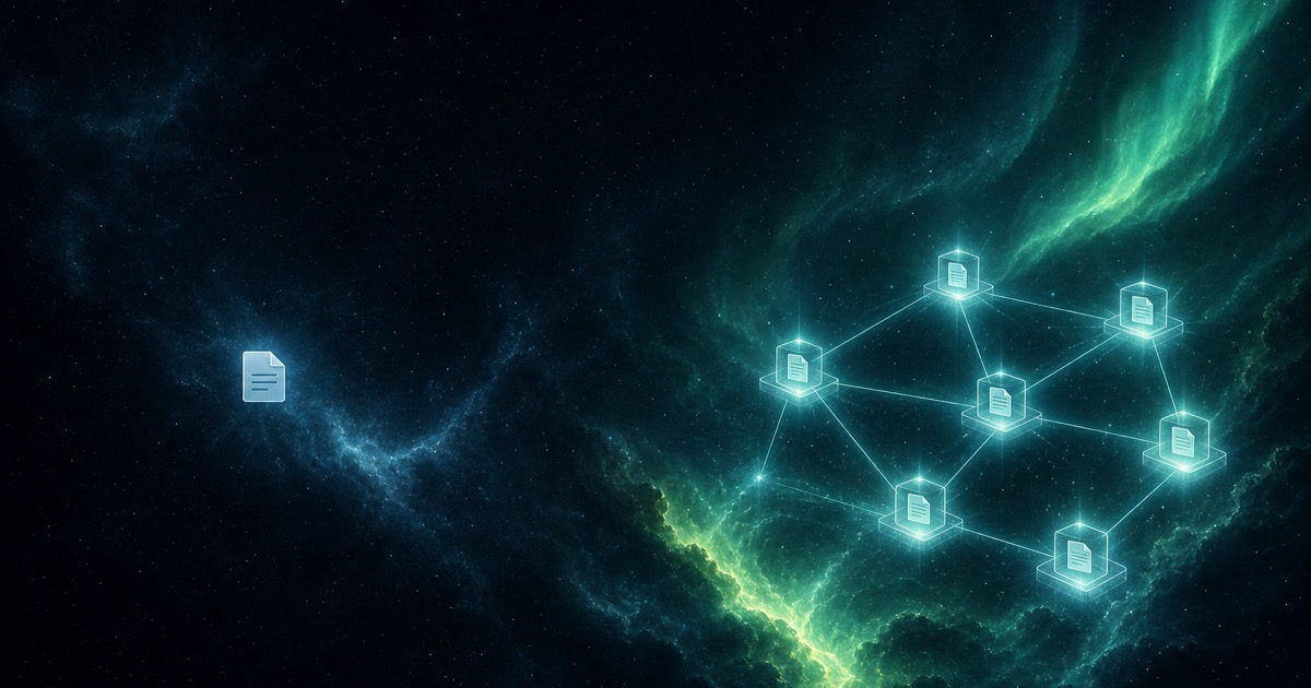 Abstract illustration contrasting a single file with a shared connected ledger.