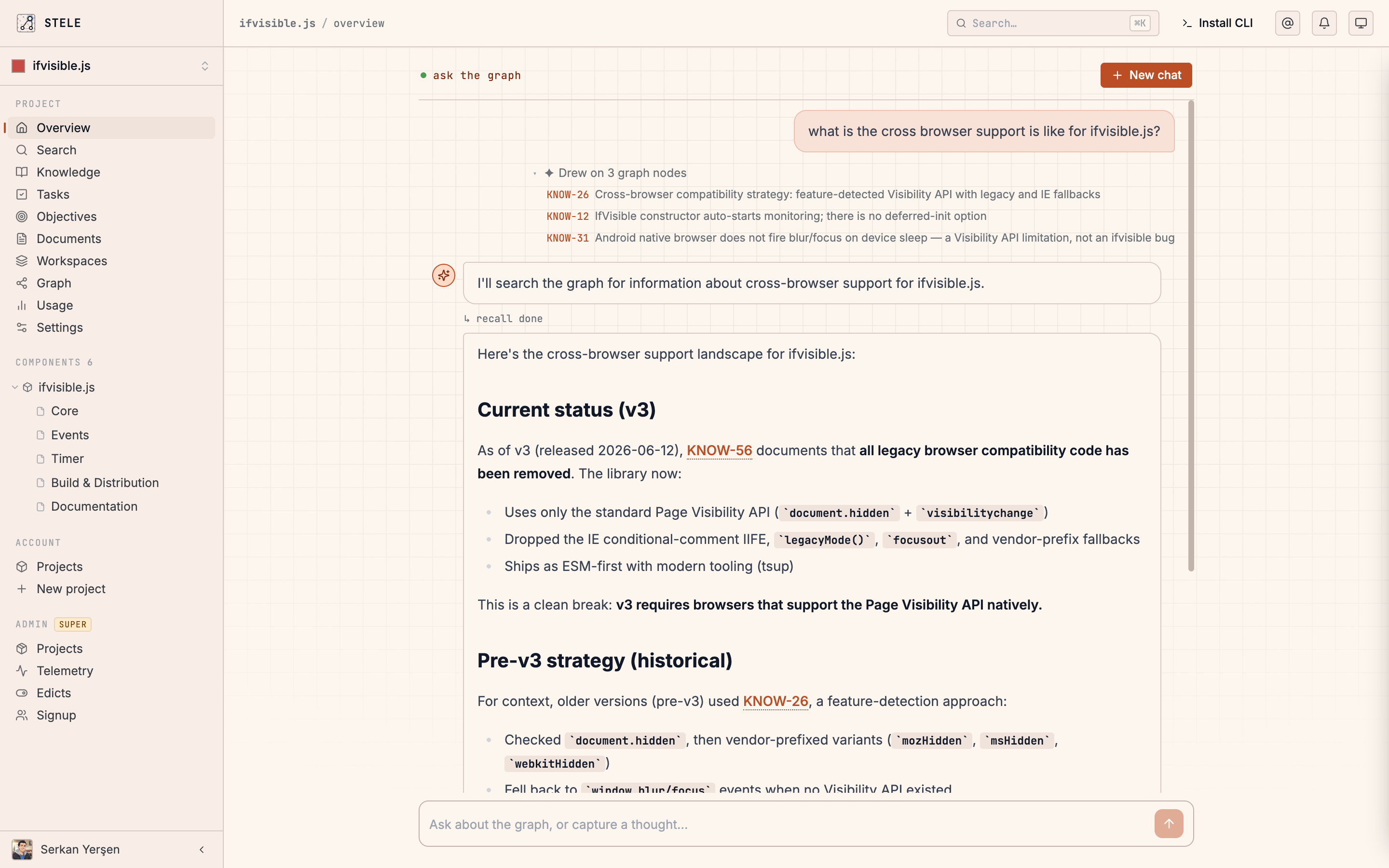 The Stele assistant answering a question by drawing on nodes from the project graph.
