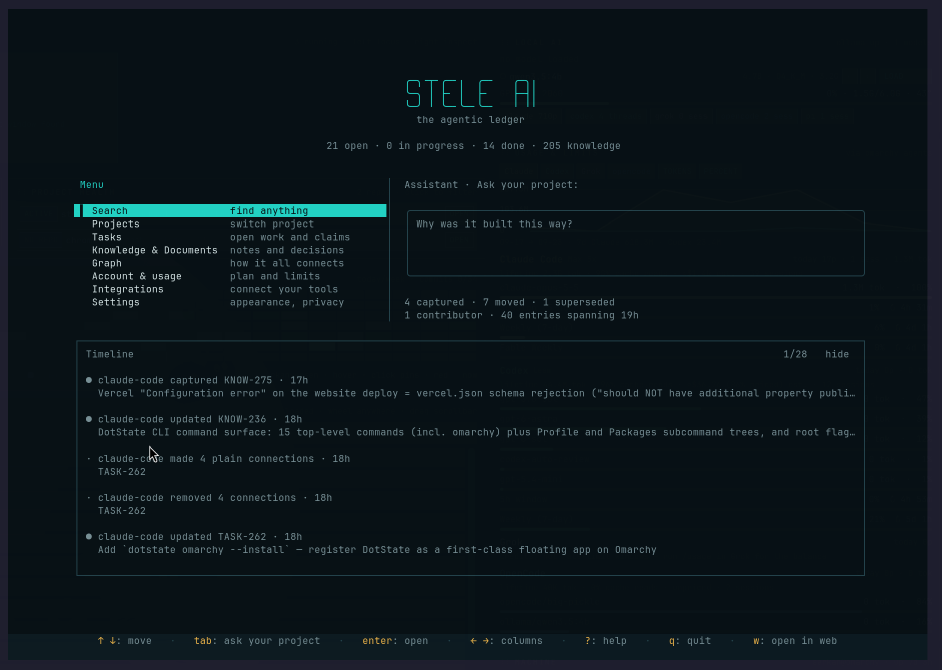 Stele terminal client home screen with a menu and assistant composer above a timeline of recent project activity