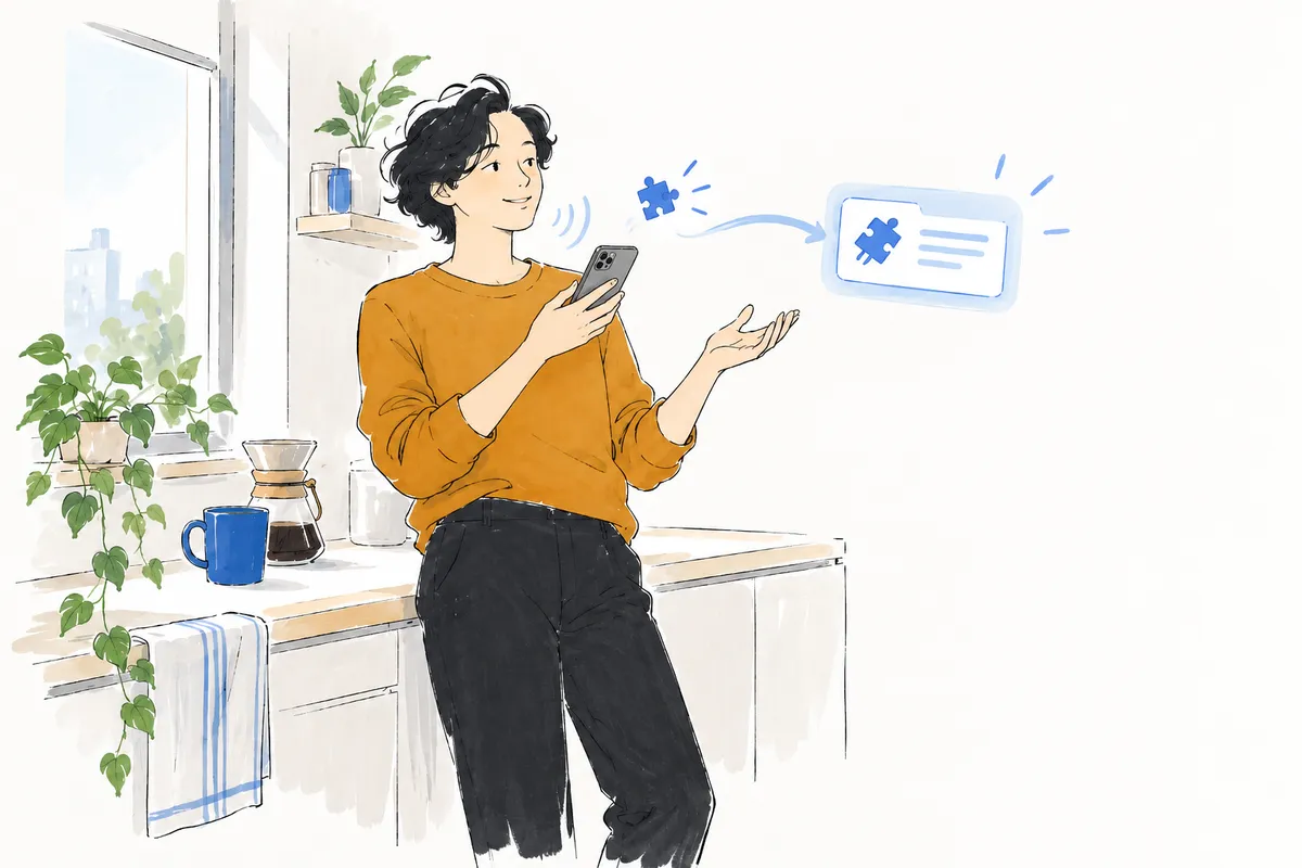 Illustration of a developer in a kitchen, sending an idea from a phone