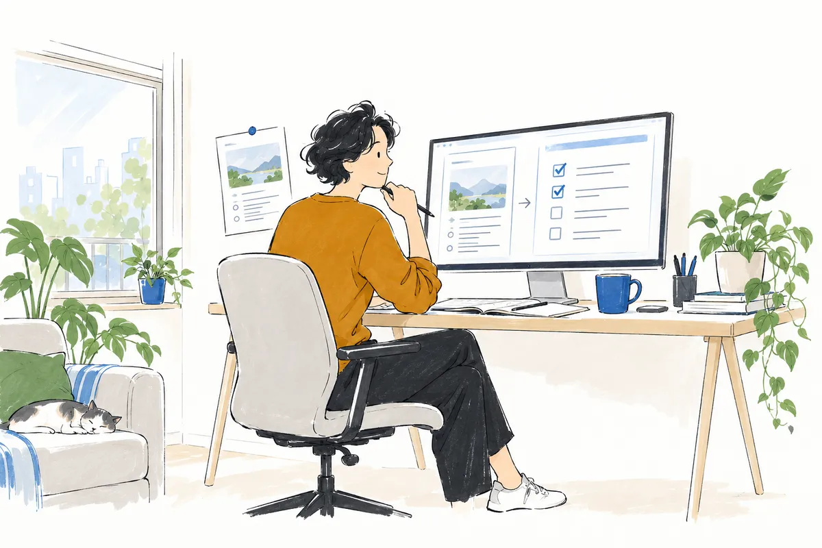 Illustration of a developer at a desk reviewing a plan and a checklist on a monitor