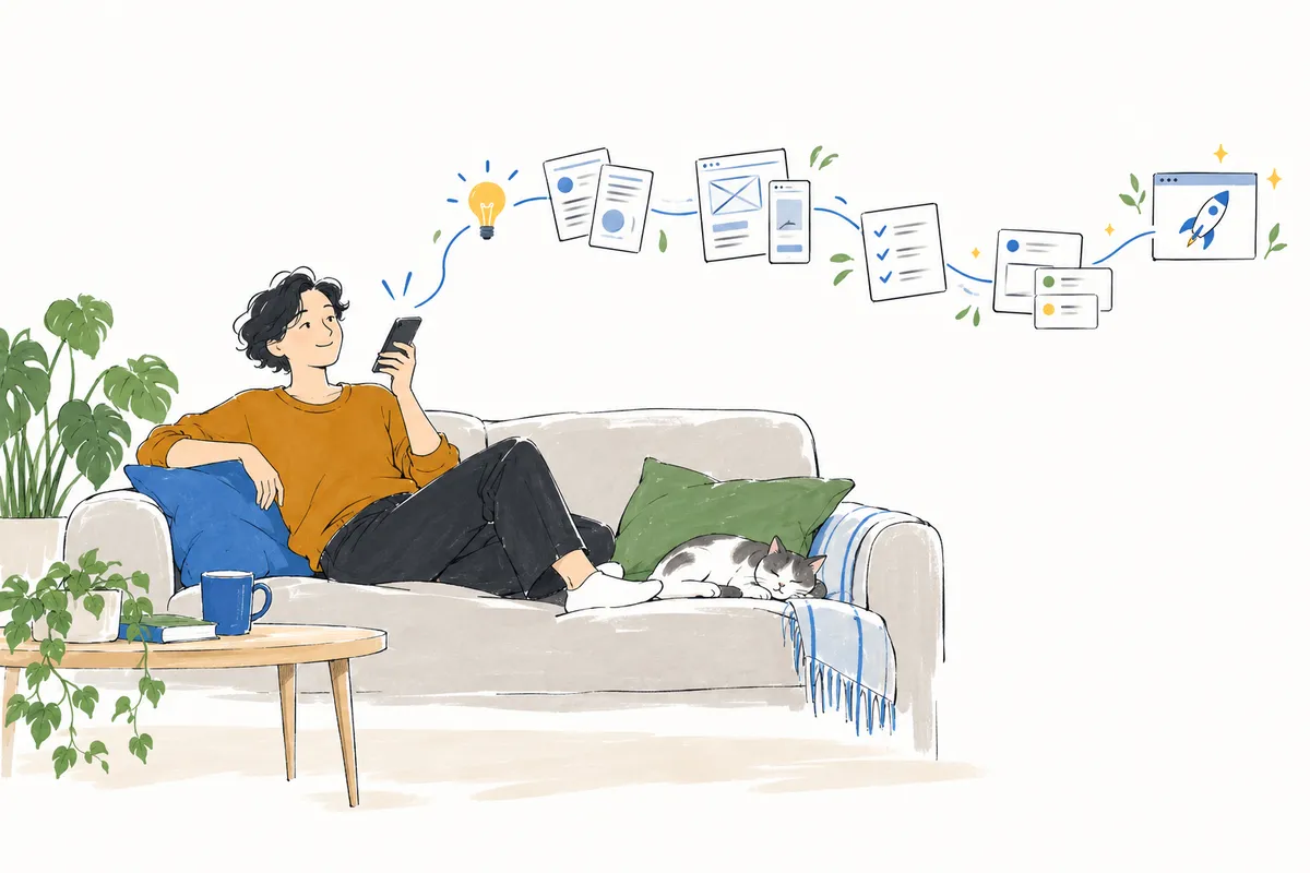 Illustration of a developer on a sofa with a phone, with the steps from idea to launch drawn above